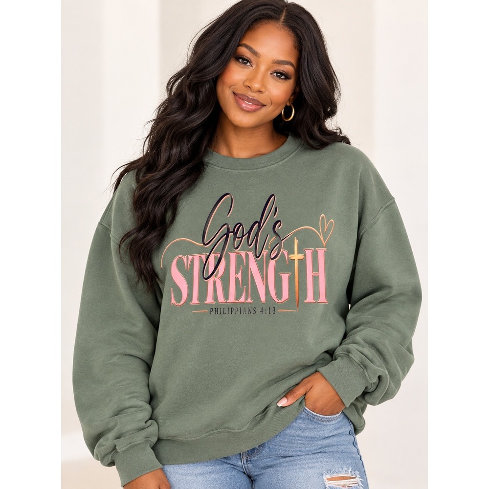 Gods Strength Philippians 4:13 Christian Sweatshirt Sage Green Crewneck Women- M
